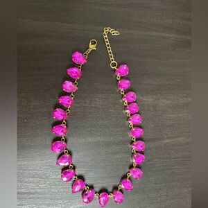 Hot Pink Statement Necklace | Teardrop Gem Bib Necklace | Gold Tone